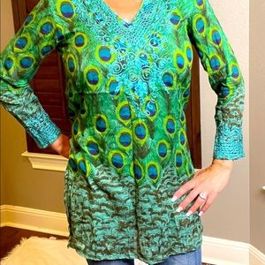 Peacock Embroidered Tunic Swim Cover-Up Small